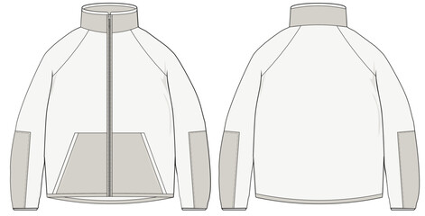 Full-Zip Pullover Polar Fleece Jacket design vector flat sketch fashion illustration CAD template front and back views with a large front pocket