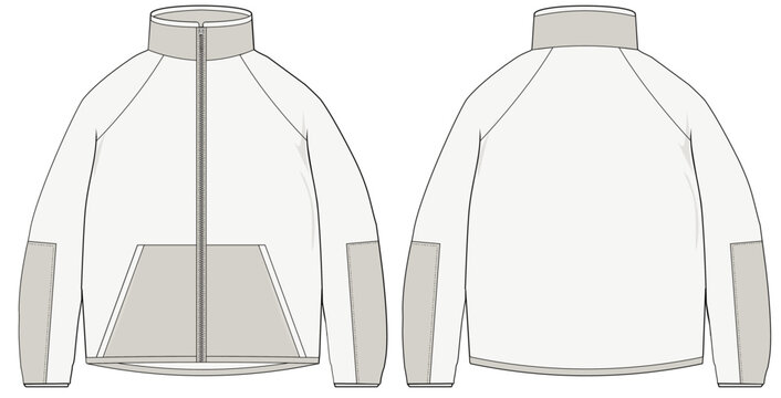 Full-Zip Pullover Polar Fleece Jacket design vector flat sketch fashion illustration CAD template front and back views with a large front pocket