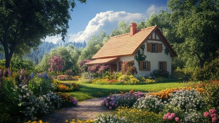 Fototapeta premium A charming cottage surrounded by lush flowers.
