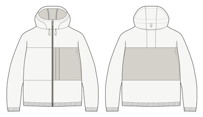 Hooded hard shell jacket technical CAD fashion illustration front and back views Template for Outerwear Design and Sportswear Tech Packs  © 212069668