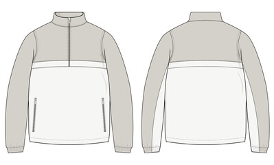 Half-Zip Windbreaker Sport Jacket design vector flat sketch fashion illustration CAD template front and back views