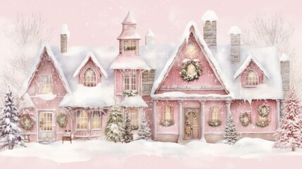 The pink cute small house countryside village in with snow, roofs are covered with snow, winter wonderland