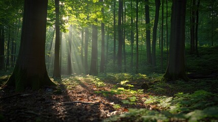 Obraz premium Sunlight beams through the trees in a dense forest, creating a magical atmosphere.