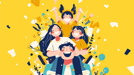 Naklejka premium A lively animated illustration of a joyful family celebrating together, surrounded by colorful confetti, showcasing happiness, unity, and playful spirit.
