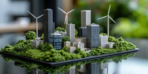 Sustainable City Model with Wind Turbines and Lush Greenery