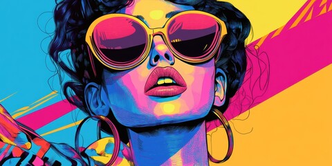 Woman with sunglasses in colorful art style.