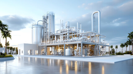 Obraz premium Modern industrial facility with silos and large equipment, surrounded by palm trees and blue skies.