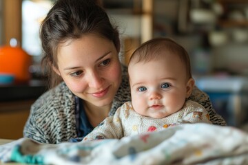 Obraz premium Mother with baby in kitchen, Generative AI