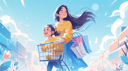A joyful mother and daughter enjoy a sunny day, pushing a shopping cart filled with purchases, conveying happiness, family bonding, and carefree moments.