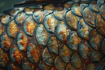 Close-up of fish scales, showing the intricate pattern and texture, symbolizing nature's beauty and complexity, photo-realistic style with detailed focus on scale textures,