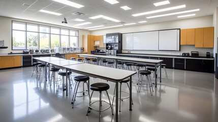 Modern Classroom with White Tables and Stools