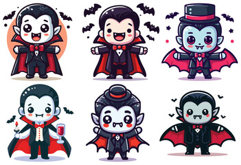 Cute vampire cartoon characters in black and red costumes, Halloween vector illustration set