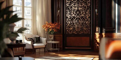 Ornate room with a chair, flowers, and sunlight.