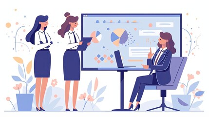 A female team conveys business data and analytics using graphs and charts on a large digital screen, engaging in a professional business presentation setting.