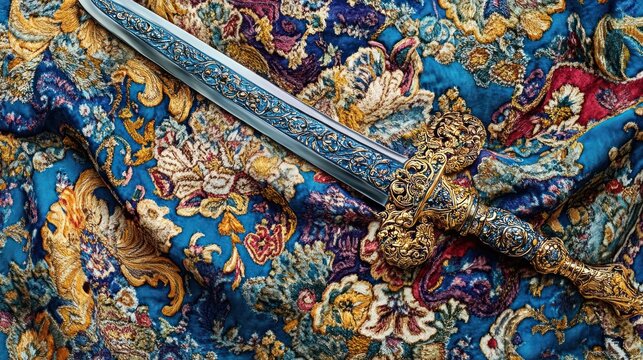 A silver and gold sword rests on a blue and gold patterned fabric.