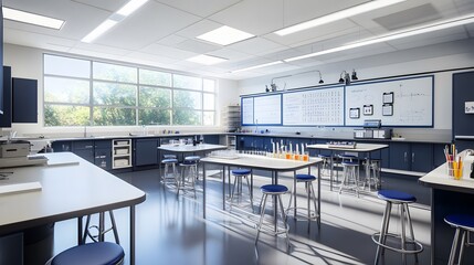 A Modern Chemistry Classroom with Whiteboard and Lab Tables