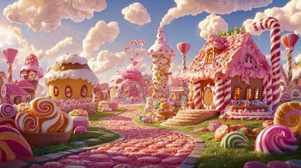 Whimsical candyland with colorful houses and sweet pathways