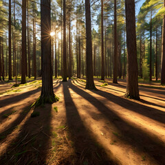 Obraz premium Golden Sunlight Filtering Through Pine Trees