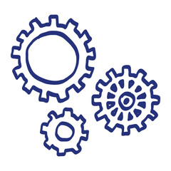 Gear sketch. Hand drawn vector illustration. Blue pen or marker drawing. Primitive kids picture