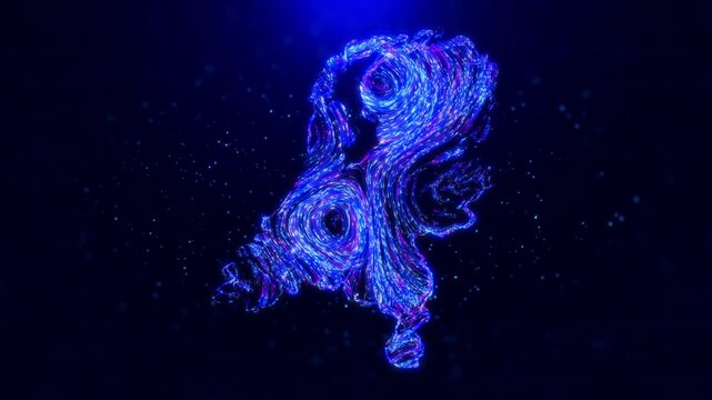Abstract motion view Netherlands map design, featuring glowing blue hairlines, dynamic flowing patterns, and scattered bokeh dot particles, creating a tech-inspired and modern digital aesthetic