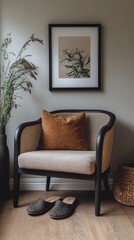 A stylish reading nook featuring a cozy armchair with a brown pillow, a framed artwork on the wall, and a sleek black vase with greenery. A woven basket and slippers add a touch of comfort and