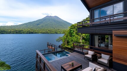 Naklejka premium Modern Lakefront Home With Mountain View And Infinity Pool