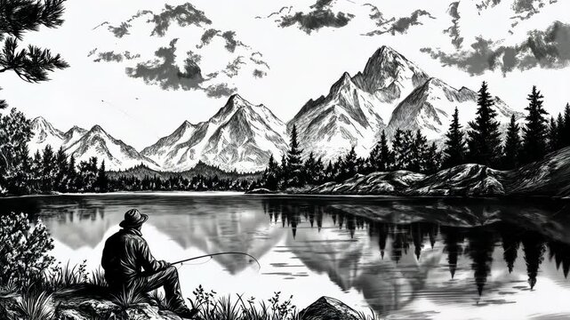 A man sits by a lake, fishing, surrounded by mountains and trees