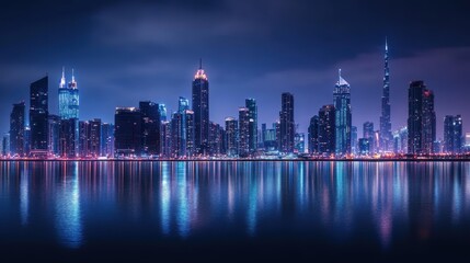 Obraz premium Cityscape skyline reflected in water at night.