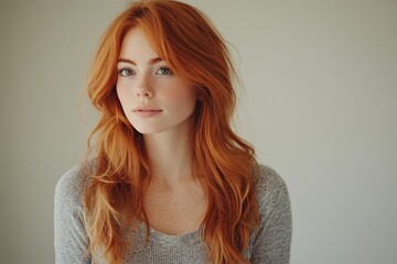 Fototapeta premium Young, confident woman with ginger hair and a flawless skin tone stands in a studio setting, embracing her body image and natural beauty, Generative AI
