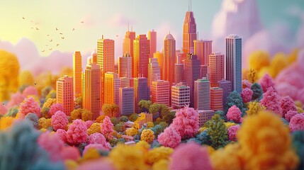 A cityscape in vibrant colors surrounded by lush, colorful trees and bathed in the glowing sunshine, portraying a harmonious blend of nature and urban life.