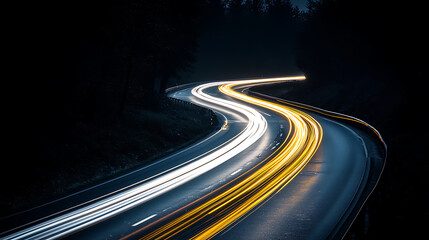Abstract white and yellow light trails on a dark background