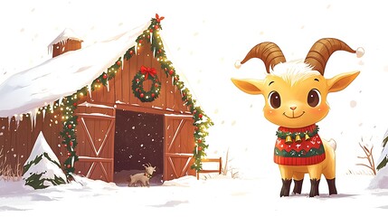 Naklejka premium Cute Goat in Christmas Sweater in Snowy Winter Barn Scene