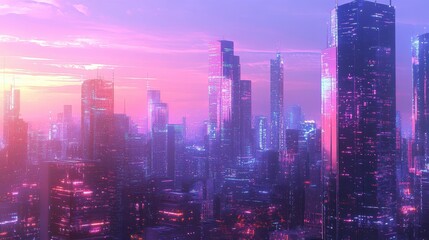 Obraz premium Futuristic city skyline at dusk.