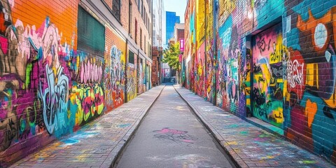 Obraz premium Colorful graffiti alleyway with brick walls.