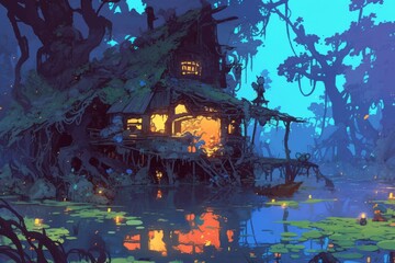 A decrepit shack in a swamp, with eerie will-o'-the-wisps, cozy vibe, Generative AI 