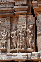 Carved idols on the outer wall of an old temple, near Palasdev Temple, Ujani Dam, Maharashtra, India