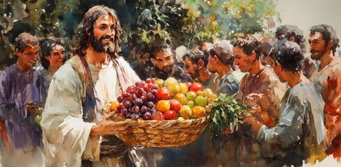 Jesus' Compassion: A Symbolic Scene of Jesus Giving Fruit to His Followers