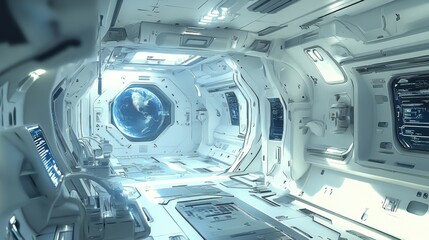 Earth viewed from spaceship corridor.