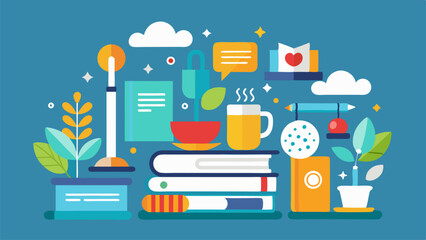Naklejka premium Cozy book club elements – books, coffee, plants, and stationery for reading enthusiasts