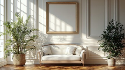 A sophisticated living room with a stylish sofa and two potted plants, with elegant paneling and warm sunlight streaming through large windows, exuding serenity.