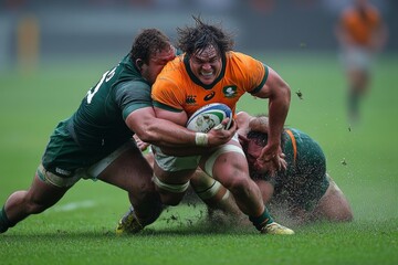 Rugby players blocking the opponent, Generative AI