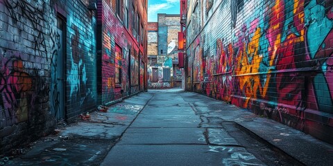 Fototapeta premium Graffiti-covered brick alleyway with concrete path.