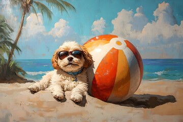 Obraz premium Playful Puppy Lounging on Beachball in Tropical Vacation Backdrop