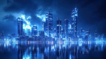 Obraz premium Night city skyline reflected in water.