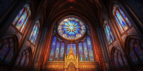 Obraz premium Gothic church interior with stained glass windows.