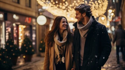 young couple shopping in the city during Christmas time