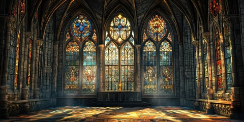 Fototapeta premium Stained glass windows illuminate an empty cathedral.