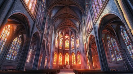 Fototapeta premium A cathedral interior with stained glass windows.