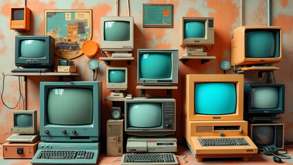 Retro computers display startup concepts with contemporary art collages symbolizing digital age innovation.