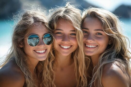 Happy young friends on vacation at the sea, Generative AI